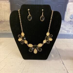 0024 Black and Gold Acrylic Floral Statement Necklace and Earring Set
